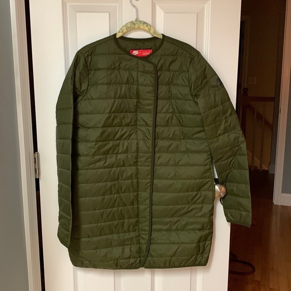 Nike Primaloft Quilted Collarless Long Jacket Olive Green Womens Size Medium - Picture 1 of 5